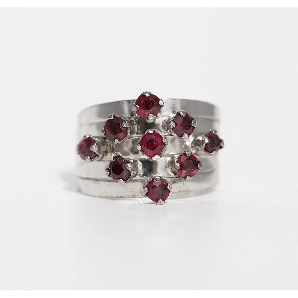Vintage 14k‎ Solid White Gold Natural Ruby Puzzle Ring - Rows Stacked Harem